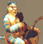 anthro arm_grab blue_eyes blue_stripes blush bottomwear brown_background butt butt_grab clothed clothing duo glistening hand_on_butt larger_male male midriff nude ripple shirt shorts simple_background size_difference smaller_male stripes topwear translucent translucent_body cubi cubi_(characters) flir_(blue_stripe_tiger) felid goo_creature mammal pantherine tiger