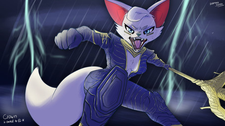 anthro blue_bodysuit blue_clothing blue_eyes blue_skinsuit bodysuit breasts cheek_tuft clothed clothing electricity eyelashes facial_tuft female fingers fur hair holding_object holding_weapon lightning looking_at_viewer markings melee_weapon narrowed_eyes open_clothing open_mouth outside raining skinsuit solo storm tail teeth text thick_thighs tight_clothing tongue tuft water weapon wet white_body white_fur white_hair sidpoke crown_(el-k) canid canine fox mammal 16:9 2022 4k absurd_res digital_media_(artwork) english_text hi_res widescreen