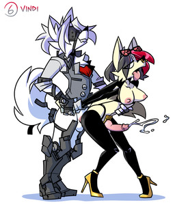 accessory anthro bimbofication bimbofied bodily_fluids breasts clothing cock_ring costume cum cumshot duo ejaculation eye_patch eyeliner eyewear facial_piercing footwear from_behind_position genital_fluids genitals glasses gynomorph hands-free high_heels highlights_(coloring) holidays intersex intersex/male jewelry knot knotted_penis latex latex_clothing latex_legwear legwear makeup male nipples nose_piercing nose_ring penis penis_accessory penis_jewelry piercing ring_piercing septum_piercing septum_ring sex shoes size_difference stockings thigh_highs tinted_glasses tongue tongue_out wardrobe_malfunction wrist_grab pixylbyte halloween mihoyo zenless_zone_zero burnice_white leonzawolf von_lycaon canid canine canis fox mammal thiren wolf absurd_res colored_sketch hi_res sketch story story_in_description