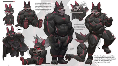 5_toes abs anthro barazoku beard big_ears bulge cape chibi clothing dripping eyewear facial_hair facial_markings feet fluffy fluffy_tail forehead_markings glistening glistening_body goggles head_markings latex latex_clothing latex_skinsuit liquid_latex looking_at_viewer male markings muscular muscular_arms muscular_legs muscular_male nipple_outline one_eye_closed pecs red_eyes sitting skinsuit sleeping solo standing superhero tail text tight_clothing toes uriex clive_the_wolf_(uriex) canid canine canis mammal wolf english_text hi_res model_sheet