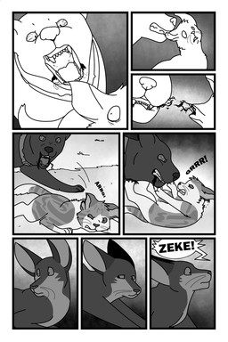 age_difference ambiguous_gender angry bite blood blood_from_mouth blood_from_wound blood_in_mouth bloodshot_eyes bodily_fluids clenched_teeth collar detailed_background dialogue digitigrade ear_bite feral fight fur group growling lying narrowed_eyes on_back open_mouth pain paws sad saliva scared simple_background snout speech_bubble tail talking_feral teeth text tongue torn_ear trio violence whiskers wound_on_ear wounded yelling young young_ambiguous young_feral sebdoggo serenity_(comic) jasper_(serenity) zeke_(serenity) canid canine canis domestic_cat domestic_dog felid feline felis mammal oriental_shorthair undead zombie 2016 2:3 adobe_photoshop_(artwork) comic digital_drawing_(artwork) digital_media_(artwork) english_text greyscale hi_res monochrome male_(lore)