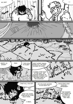 bed clothing dialogue furniture male muscular muscular_male piercing profanity text husky92 european_mythology greek_mythology mythology bovid bovine human humanoid mammal minotaur orc comic english_text hi_res monochrome multiple_scenes