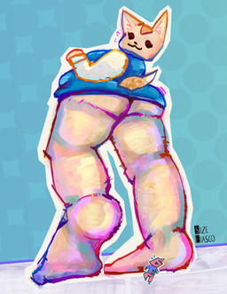 anthro bottomless breasts butt clothed clothing duo extreme_size_difference feet female female/female fur low-angle_view macro micro simple_background size_difference smile tail sizefiasco aggretsuko sanrio fenneko canid canine fennec_fox fox mammal true_fox absurd_res digital_media_(artwork) hi_res