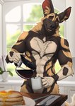 2023 abs absurd_res african_wild_dog anthro barely_visible_genitalia barely_visible_penis beverage big_ears breakfast butter canid canine casual_nudity claws coffee coffee_mug coffee_pot cutlery dairy_products detailed_background eyebrows food fork fur furniture genitals hi_res holding_beverage holding_mug holding_object holding_pot humanoid_genitalia humanoid_penis indoor_nudity inside kitchen kitchen_utensils knife looking_at_viewer male male_anthro mammal morning mug muscular muscular_anthro muscular_male napkin narrowed_eyes navel nude nude_anthro nude_male pancake pecs penis penis_base plant plant_pot plate potted_plant shadow smile solo standing syrup table tools tree tuft twistedhound watermark window