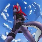 anthro biped bottomwear clothed clothing dagger female genitals hair knife low-angle_view melee_weapon no_underwear outside presenting pussy red_hair skimpy skirt sky skyscape solo spread_legs spreading standing upskirt weapon worm's-eye_view drxsmokey canid canine mammal 1:1