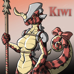 accessory anthro armor bow_(feature) bow_accessory bow_ribbon breasts featureless_breasts female furgonomics gradient_background green_eyes horn melee_weapon non-mammal_breasts polearm ribbons scales simple_background solo spear tail tail_accessory tail_bow tail_ribbon ventral_scales weapon rakkuguy breath_of_the_wild nintendo the_legend_of_zelda kiwi_(scrungusbungus) chameleon lizalfos lizard reptile scalie