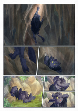 5_fingers ambiguous_gender anthro biped black_body black_fur black_tail climbing clothing day fangs fingers fur grass green_eyes hooves horn light outside plant rock shirt solo sunlight tail teeth topwear yellow_sclera bjekkergauken imbali_(bjekkergauken) unknown_species 2025 colored comic hi_res