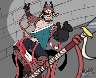 accessory anthro clothing foreshortening glaive headband horn male melee_weapon polearm restrained restrained_by_tentacles shadowed_eyes shirt solo tentacles topwear tunic undressing weapon yellow_eyes sirozinn oatzu bovid caprine goat mammal hi_res