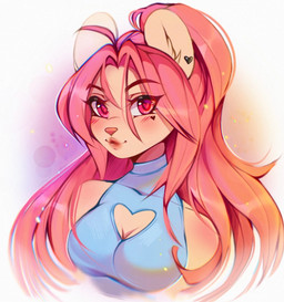 anthro blue_clothing blush breasts cleavage cleavage_cutout clothed clothing cutout eyebrow_through_hair eyebrows female hair long_hair looking_at_viewer pink_eyes pink_hair pink_nose ponytail simple_background solo translucent translucent_hair unsigned iivochka felid feline mammal 2022 digital_media_(artwork) hi_res shaded