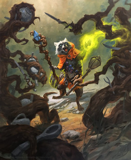 anthro barefoot cape claws clothing cutlery dutch_angle elemental_manipulation facial_markings feet fork grass head_markings holding_object holding_staff kitchen_utensils male markings mask_(marking) melee_weapon open_mouth pan plant plant_manipulation red_cape red_clothing solo spoon staff standing sword tools weapon whiskers slawomir_maniak hasbro magic:_the_gathering wizards_of_the_coast bello_(magic:_the_gathering) mammal procyonid raccoon 2024 hi_res official_art traditional_media_(artwork)