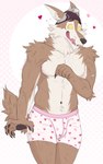 anthro body_hair boxer_briefs boxers_(clothing) brown_body brown_fur claws clothed clothing fur headgear heart_boxers heart_clothing heart_symbol heart_underwear looking_at_viewer male nervous_smile pawpads scar shy simple_background smile solo tail underwear white_body white_fur isaacyote_(artist) epic_games fortnite wendell_(fortnite) canid canine canis mammal wolf 5:8 absurd_res digital_media_(artwork) hi_res