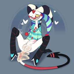 abstract_background after_anal after_sex balls big_balls big_penis blush bodily_fluids bottomless bottomless_humanoid bottomless_male clothed clothing cum cum_in_ass cum_inside fool's_hat genital_fluids genitals glistening glistening_balls glistening_body glistening_genitalia glistening_skin hat headgear headwear heart_symbol hearts_around_head leaking leaking_cum long_tail male off_shoulder one_eye_closed pajamas penis pointed_tail red_eyes rosy_cheeks sharp_teeth smile solo tail teeth text white_body white_skin yellow_sclera mandyfoxy hellaverse helluva_boss fizzarolli_(helluva_boss) demon demon_humanoid humanoid imp tailed_humanoid 2025 artist_name digital_drawing_(artwork) digital_media_(artwork) hi_res signature