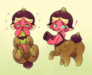 animal_genitalia animal_penis anus balls black_outline blush brown_body brown_fur butt equine_genitalia equine_penis exclamation_point food fruit fur genitals gradient_background green_eyes leaf looking_at_viewer looking_back lying male nude on_back open_mouth outline penis pink_body pink_skin plant plant_hair plant_tail pseudo_hair simple_background solo lonely_cri humanoid_taur taur hi_res
