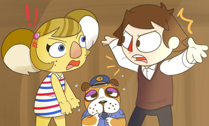 4_fingers accessory angry anthro argument bent_arm big_nose black_eyes black_nose blonde_hair blue_clothing blue_eyes blue_hat blue_headwear blue_necktie blue_suit bodily_fluids brown_background brown_body brown_clothing brown_eyes brown_fur brown_hair brown_topwear brown_vest button_(fastener) clothed clothed_anthro clothed_female clothed_human clothed_male clothing cross-popping_vein dress eye_contact eyelashes female female_anthro fingers floppy_ears freckled_face freckles fully_clothed fully_clothed_human fully_clothed_male fur furrowed_brow furrowed_eyebrows group hair hair_accessory half-closed_eyes hat headgear headwear light looking_at_another looking_back looking_back_at_another male male_human mouth_closed multicolored_body multicolored_clothing multicolored_dress multicolored_fur multicolored_hair narrowed_eyes necktie nervous nervous_sweat no_pupils open_mouth pattern_clothing pattern_dress pink_freckles pink_nose pink_tongue police police_officer police_uniform pupils purple_eyelids raised_arms red_nose short_hair simple_background striped_clothing striped_dress stripes suit sweat tan_body tan_skin teeth text thick_thighs thin_eyebrows tongue topwear triangle_nose trio two_tone_hair uniform vest whisker_spots white_body white_dress_shirt white_fur white_inner_ear yellow_body yellow_fur cookieboy011 animal_crossing nintendo alice_(animal_crossing) booker_(animal_crossing) villager_(animal_crossing) bull_terrier canid canine canis domestic_dog human hunting_dog koala mammal marsupial terrier vombatiform 2021 colored digital_drawing_(artwork) digital_media_(artwork) english_description lighting shaded story story_in_description