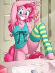 anthro anthrofied blue_eyes bottomless bottomless_anthro bottomless_female breasts casual_exposure cellphone cleavage clothed clothing cutie_mark electronics equine_legs female fur genitals hair happy legwear mirror_selfie phone pi pink_body pink_fur pink_hair pose pussy selfie shirt smartphone smile solo stockings tank_top text text_on_clothing text_on_shirt text_on_tank_top text_on_topwear topwear brian_mcpherson friendship_is_magic hasbro my_little_pony pinkie_pie_(mlp) earth_pony equid equine horse mammal pony 2014