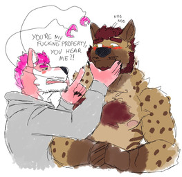 anthro arm_tuft barazoku beard blush body_hair brown_body brown_fur chest_hair clothed clothing curly_hair dialogue dominant dominant_male duo elbow_tuft facial_hair fangs fur grabbing hair hoodie male male/male markings muscular muscular_anthro muscular_male mustache neck_tuft nipples nude pecs pincers pink_body pink_fur profanity pubes purple_body red_body red_fur shoulder_tuft size_difference spots spotted_body stripes tan_body tan_fur teeth text topwear tuft white_body white_fur zordykeaboo bruno_(brunohyena) keaboo canid canine canis domestic_dog hybrid hyena mammal spotted_hyena striped_hyena english_description english_text hi_res spanish_description