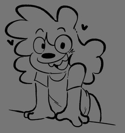 anthro bent_over bottomwear clothed clothing fur grey_background hair happy heart_symbol looking_at_viewer male pants shirt simple_background smile solo t-shirt teeth tongue topwear awakecore normalsville harrod_(normalsville) canid canine canis domestic_dog mammal poodle 2026 digital_media_(artwork) monochrome