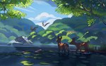 ambiguous_gender cloud feral flower flying group leaf lily_pad outside plant ruins sky tail tree water itsdanfango elva_(sif_savery) avian bird deer mammal owl 16:10 hi_res widescreen