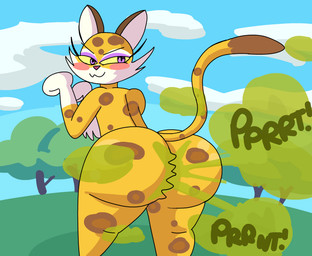 anthro big_butt blush brown_spots butt chest_tuft detailed_background eyelashes eyeshadow fart fart_cloud fart_fetish female fur gloves_(marking) green_fart_cloud looking_back makeup markings nude onomatopoeia plant purple_eyes purple_eyeshadow solo sound_effects spots spotted_body spotted_fur tail tail_markings text thick_thighs tree tuft yellow_body yellow_fur yellow_sclera brappycatty kirby_(series) nintendo clawroline felid leopard mammal pantherine 2022 absurd_res hi_res