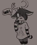 2_horns aged_down ambiguous_gender anthro antlers arm_warmers armwear bedroom_eyes biped censored_speech clothing eyebrows eyeshadow hair hair_over_eye half-closed_eyes horn horn_jewelry jewelry legwear looking_at_viewer makeup narrowed_eyes open_mouth pattern_clothing pattern_legwear pattern_stockings religion religious_symbol seductive sharp_teeth shirt short_hair simple_background smug solo stockings striped_clothing striped_legwear striped_stockings stripes talking_to_viewer teeth thigh_highs topwear young young_anthro soulcentinel islam stargate wayesh_(wayesh) deer mammal monochrome