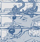 anthro antlers black_nose destroyed_building growth horn looking_up macro macro_anthro macro_male male open_mouth solo teeth teaselbone beastars louis_(beastars) deer mammal 2023 hi_res