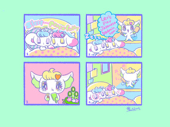 alternative_fashion ambiguous_gender anthro bed chibi dialogue fairy_kei floppy_ears furniture group humor inner_ear_fluff j-fashion kemono on_bed on_model pillow pointy_ears prick_ears sharing_bed sleeping sleeping_together speech_bubble superflat text trio tuft under_covers yurie_sekiya peropero_sparkles cune_(peropero_sparkles) melo_(peropero_sparkles) rue_(peropero_sparkles) alien domestic_cat felid feline felis lagomorph leporid mammal mouse murid murine rabbit rodent colorful_theme comic english_text hi_res pastel_theme