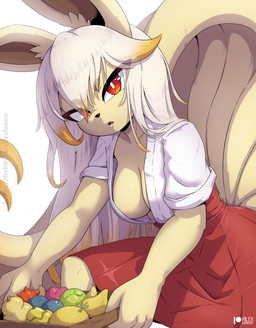 4_fingers anthro anthrofied bangs barely_visible_teeth basket big_eyes biped black_nose blonde_highlights bottomwear breasts brown_eyebrows brown_inner_ear clothed clothed_anthro clothed_female clothing collarbone container cute_fangs eye_through_hair eyebrow_through_hair eyebrows eyelashes eyelashes_through_hair fangs female female_anthro fingers food front_view fruit fully_clothed fully_clothed_anthro fully_clothed_female grey_text hair highlights_(coloring) holding_basket holding_container holding_object inner_boob iris kemono leaning leaning_forward long_hair long_tail looking_at_viewer medium_breasts multi_tail narrowed_eyes no_bra one_fang open_mouth plant pupils red_bottomwear red_clothing red_eyes red_skirt shirt simple_background skirt slit_pupils solo tail teeth text three-quarter_view topwear translucent translucent_hair white_background white_clothing white_hair white_pupils white_sclera white_shirt white_text white_topwear yellow_body yellow_ears yellow_tail rilex_lenov nintendo pokemon generation_1_pokemon ninetales pokemon_(species) artist_name hi_res portrait shaded three-quarter_portrait url