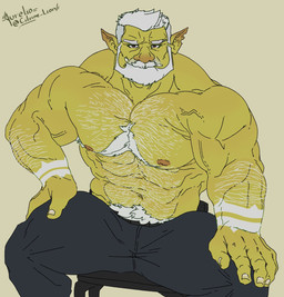 barazoku beard body_hair bottomwear chest_hair chest_tuft clothed clothing eyebrows facial_hair green_body grey_hair hair hairy male muscular muscular_male mustache navel nipples pants pecs pose pubes simple_background sitting smile topless topless_male trapezius tuft wearing_pants projectssuz torug_(pupblueslut) humanoid orc 2026 hi_res