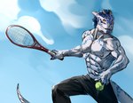 abs anthro ball bottomwear clothed clothing hair male muscular muscular_anthro muscular_male nipples pants pecs shirtless shirtless_anthro shirtless_male solo sport tennis tennis_ball tennis_racket nightarm microsoft the_elder_scrolls kaal_(secretkaal) animal_humanoid argonian humanoid reptile scalie hi_res