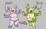 anthro belly breasts dizzy front_view fur green_body green_fur markings purple_body purple_fur slightly_chubby slightly_chubby_anthro spots spotted_body spotted_fur standing text pixiecatsupreme nintendo pokemon maki_(noellesuplex) stip_(pixiecatsupreme) generation_3_pokemon pokemon_(species) shiny_pokemon spinda dutch_text english_text hi_res