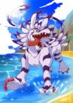 4_legs ambiguous_gender beach bodily_fluids claws cloud dewclaw feral fur looking_aside markings mountain open_mouth palm_tree plant purple_body purple_fur saliva seaside sharp_teeth solo splash stripes teeth tongue tongue_out tree water yellow_eyes tamarinfrog bandai_namco digimon canid canine digimon_(species) garurumon mammal hi_res signature