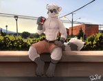 abs anklet anthro beverage black_nose blue_eyes blue_sky bottomwear building canned_drink clear_sky clock clothed clothing front_view fur glistening glistening_eyes grey_body grey_fur hair hand_on_leg hand_on_thigh jewelry looking_at_viewer male muscular muscular_anthro muscular_male narrowed_eyes navel outside pecs plant power_lines red_bottomwear red_clothing red_shorts short_hair shorts shrub sitting sky solo topless watch white_body white_fur white_hair pache_riggs riggs_(pache_riggs) mammal procyonid raccoon full-length_portrait hi_res portrait signature