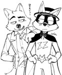 3_fingers anthro bent_arm bottomwear cape clothed clothing costume duo eyebrows fingers hand_on_hip hands_on_hips hat headgear headwear male mask pants standing teeth text whiskers wide_eyed bamboo_(artist) dreamworks kaiketsu_zorori the_bad_guys mr._wolf_(the_bad_guys) zorori canid canine canis fox mammal wolf 2022 artist_name digital_media_(artwork) hi_res japanese_text monochrome signature