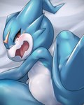 anthro anus barely_visible_anus bedding bedding_background belly blue_arms blue_body blue_legs blush featureless_crotch horn looking_at_viewer lying nude null on_side open_mouth solo spread_legs spreading teeth tongue white_belly white_body shoru bandai_namco digimon digimon_(species) veemon 2023 hi_res