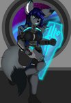 anthro big_breasts blue_hair breasts clothed clothing dipstick_ears dipstick_tail dwarf_fgmw ear_markings female fenririan fgmw futuristic gun hair handgun holding_object holding_weapon markings multicolored_ears multicolored_tail pistol ranged_weapon science_fiction solo space spacecraft tail tail_markings vehicle weapon wolfeddown jayla canid canine canis mammal wolf absurd_res hi_res