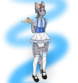 anthro blue_clothing blue_eyes blue_necktie bottomwear cake_slice clean_diaper clothed clothing diaper diaper_under_clothing dress exposed_diaper footwear fur grey_body grey_fur grey_hair hair legwear looking_at_viewer maid_cafe maid_uniform male markings mary_janes necktie pink_nose shirt shoes simple_background skirt solo stockings stripes tail thigh_highs topwear uniform wearing_diaper white_diaper sakiashikaga mordecai_strand felid mammal hi_res