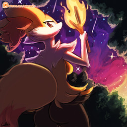 anthro black_body black_fur breasts butt female fire forest fur looking_at_viewer looking_back low-angle_view orange_body orange_fur outside plant rear_view sky smile solo star starry_sky sunset tree white_body white_fur lumineko nintendo pokemon braixen canid canine generation_6_pokemon mammal pokemon_(species) 1:1 signature watermark