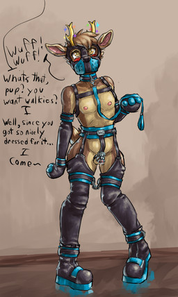 animal_mask anthro antlers anus balls barking bdsm belly belt biped black_belt black_hooves black_nose blush bodily_fluids bondage bondage_gear bondage_gloves boots bound brown_arms brown_body brown_ears brown_eyebrows brown_fur brown_hair brown_legs butt chain chained chained_cuffs chastity_cage chastity_device clothed clothing collar countershade_arms countershade_butt countershade_face countershade_fur countershade_legs countershade_tail countershade_torso countershading cuff_(restraint) dialogue eyebrows facial_markings fingers flaccid footwear fur genital_fluids genitals gloves gold_(metal) golden_antlers hair handwear happy harness head_markings hooved_fingers hooves horn humanoid_genitalia humanoid_penis imminent_exhibitionism kink_gear kink_gear_only latex latex_clothing latex_gloves latex_handwear leash leather leather_cuffs leather_harness leather_strap lock male markings mask mitten_gloves multicolored_body nipples nude offscreen_character padlock paw_gloves penis petplay pink_anus pink_inner_ear pink_nipples pink_penis pink_tongue precum pup_mask puppyplay rainbow_sparkles reflective_floor restraints roleplay scut_tail shoes short_tail simple_background solo standing straps tail tan_arms tan_body tan_butt tan_ears tan_fur tan_legs tan_muzzle tan_tail text tongue tuft walkies yellow_eyes aliaspseudonym atlas_the_deer cervine deer mammal absurd_res digital_media_(artwork) english_text hi_res