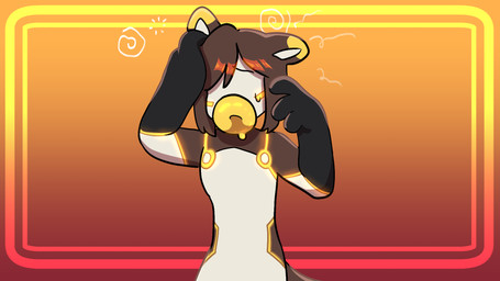 after_transformation anthro black_body brown_body brown_hair confusion dizzy donut_mouth female female_anthro hair hand_on_head hyper hyper_lips lips orange_background red_background simple_background solo tan_body thick_lips transformation yellow_lips midnite_fsnax mammal 16:9 hi_res widescreen