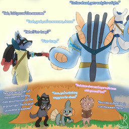 anthro armband fanny_pack female feral fist_bump flashback gesture group male mostly_nude scarf scarf_only shoulder_bag simple_background sitting_on_shoulder sparkles sparkling_eyes text trio vanilla_road nintendo pokemon pokemon_mystery_dungeon spike_chunsoft belle_(vanilla_road) finn_(vanilla_road) jesse_(vanilla_road) amphibian canid canine espurr felid feline generation_3_pokemon generation_4_pokemon generation_6_pokemon mammal mega_evolution mega_lucario mega_swampert meowstic mudkip pokemon_(species) riolu 1:1 english_text hi_res