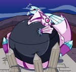 2020 absurd_res air_puff argentite belly big_belly black_belly black_outline black_sclera blue_body bodily_fluids cel_shading fangs generation_4_pokemon hand_on_belly hi_res implied_popping inflation inflation_fetish legendary_pokemon motion_lines mountain night nintendo outline palkia pillar pink_body pink_tail pokemon pokemon_(species) purple_body red_eyes shaded spear_pillar sweat sweatdrop tail teeth