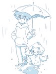 anthro chibi clothing coat duo hoodie horn male raincoat raining topwear umbrella cozy_ashfilm bandai_namco digimon digimon_ghost_game hiro_amanokawa digimon_(species) gammamon human mammal 3:4 blue_and_white monochrome sketch