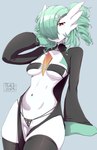 accessory bedroom_eyes black_bra black_clothing black_underwear bra breasts clothed clothing curly_hair female glistening glistening_eyes green_hair green_markings hair hair_accessory hair_over_eye leggings legwear looking_at_viewer markings mole_(marking) narrowed_eyes navel oversized_clothing panties partially_clothed red_eyes seductive simple_background skimpy solo stockings thick_thighs thigh_highs underwear white_body peachcupp nintendo pokemon cecilia_(peachcupp) gardevoir generation_3_pokemon humanoid mammal pokemon_(species) digital_drawing_(artwork) digital_media_(artwork) hi_res watermark