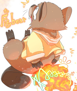 ambiguous_gender anthro beaver_tail bottomless brown_body brown_fur burning butt butt_on_fire clothed clothing fire fur hand_on_butt pain solo mizu_(pixiv) beaver mammal rodent absurd_res hi_res