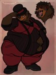 anthro belly big_belly brown_body brown_fur brown_hair button_(fastener) classy claws clothed clothing covering covering_eyes covering_face facial_scar fur grin hair hat hat_over_eyes headgear headwear logo love_handles male moobs multiple_poses obese obese_anthro obese_male open_mouth open_smile overweight overweight_anthro overweight_male pose scar smile snout snout_scar solo standing straining_buttons suspenders teeth thick_thighs tipping_hat tongue top_hat smorgasgored richard_von_smith bear brown_bear mammal ursine artist_logo hi_res