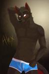 5_fingers anthro black_nose blue_clothing blue_eyes blue_underwear boxer_briefs brown_body brown_fur bulge clothed clothing facial_markings fingers front_view fur hand_on_head head_markings looking_at_viewer male markings pose simple_background skimpy smile solo text topless underwear fcsimba alex_nighthound canid canine canis domestic_dog mammal 2014 character_name hi_res