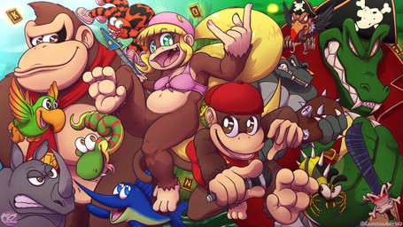 ambiguous_gender anthro blonde_hair bottomless bra brown_eyes clothed clothing featureless_crotch female green_eyes group hair king_zing kleever male necktie pink_bra pink_clothing pink_underwear shirt t-shirt topwear underwear cabezilla donkey_kong_(series) nintendo rareware diddy_kong dixie_kong donkey_kong_(character) enguarde_the_swordfish king_k._rool krow kudgel rambi_the_rhinoceros rattly_the_rattlesnake squawks_the_parrot squitter_the_spider ape arachnid arthropod avian bee billfish bird corvid corvus_(genus) crocodile crocodilian crow fish haplorhine hymenopteran insect istiophoriform mammal marine monkey oscine passerine primate reptile rhinoceros scalie snake spider swordfish wasp absurd_res hi_res