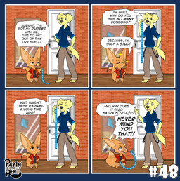anthro condom duo embarrassed embarrassed_male humor male sexual_barrier_device standing ariesartist bird_dog canid canine canis domestic_dog fennec_fox fox hunting_dog labrador mammal retriever true_fox comic hi_res