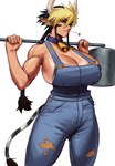 big_breasts black_hair blonde_hair breasts brown_ears cleavage clothed clothing cowbell dark_body dark_skin denim female glistening glistening_body hair horn huge_breasts monster_girl_(genre) muscular muscular_female notched_ear overalls_only solo tail tail_tuft tuft white_horn sotcho monster_musume cathyl_(monster_musume) animal_humanoid bovid bovid_humanoid bovine bovine_humanoid cattle_humanoid horned_humanoid humanoid mammal mammal_humanoid tailed_humanoid absurd_res hi_res