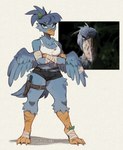 anthro anthrofied bandage bottomwear breasts chest_tuft claws clothing female hair navel photo ponytail scar shirt shorts simple_background solo tank_top thick_thighs thigh_holster topwear torn_clothing tuft wings waspsalad arthropod avian bird hymenopteran insect pelecaniform shoebill wasp 2025 hi_res